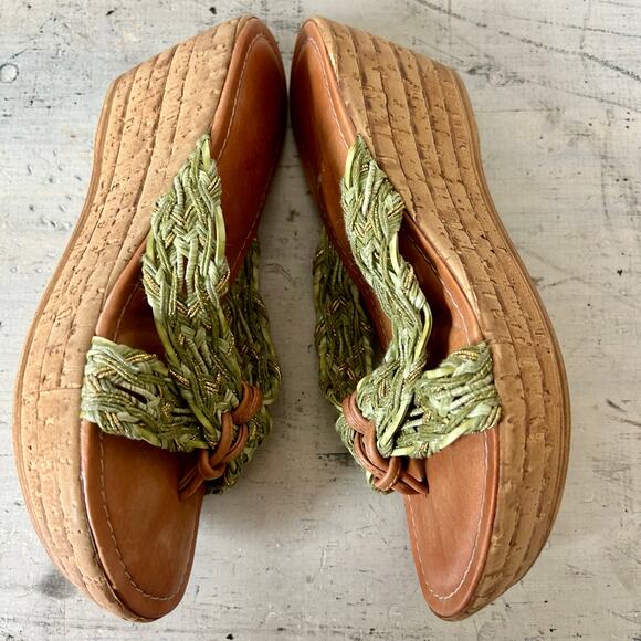 Toscanella leather and fabric platform cork flip flops made in Italy boho sage 7 - Picture 13 of 13